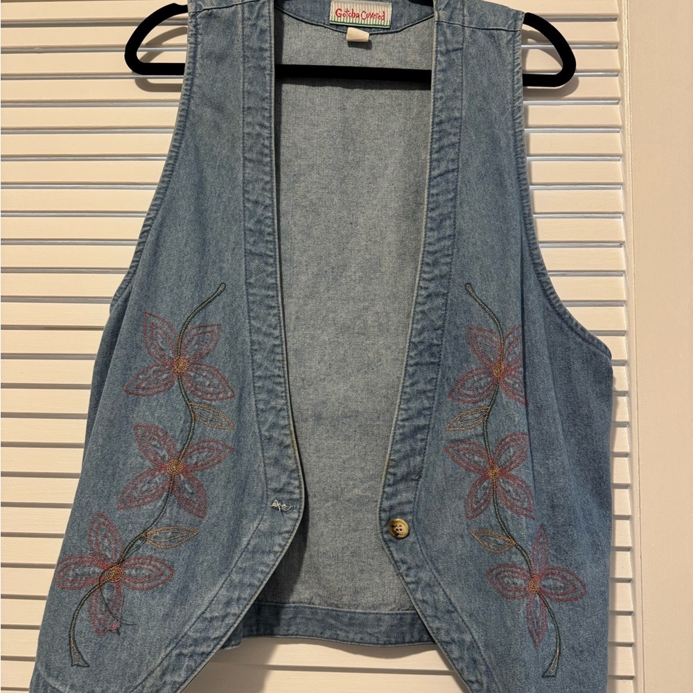 Denim Floral Embroidered Vest